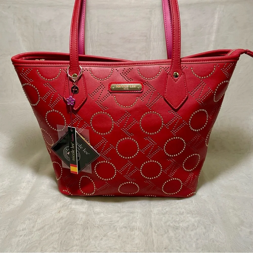 Nicole Lee NL Laser Cut Monogram Shopper with Studding, NWT and Dustbag